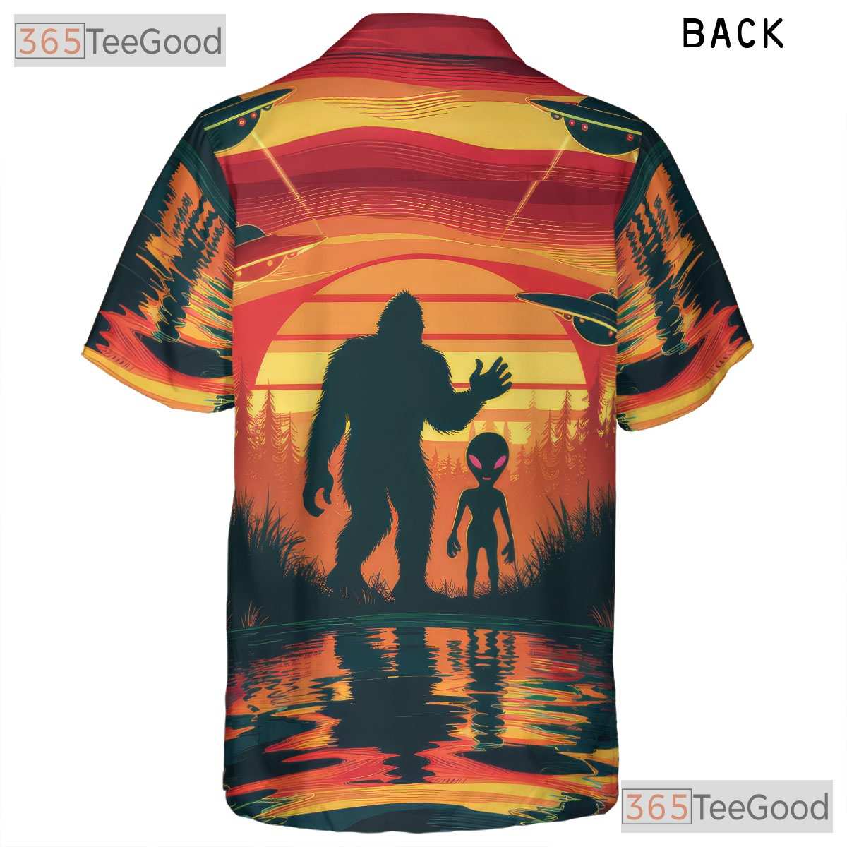 Bigfoot UFO Sunset Hawaiian Tee - Women's Funny Cryptid Aloha Vacation
