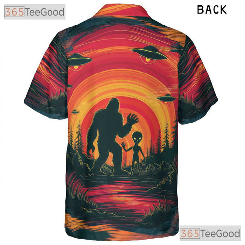Alien Sasquatch Sunset Hawaiian Shirt - Unisex UFO Cryptid Beach Style