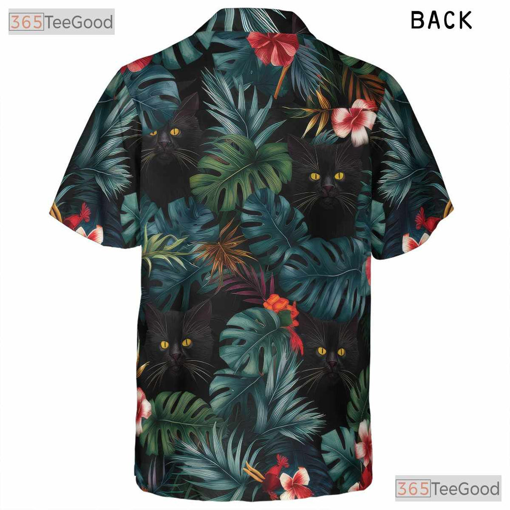 Blue Leaves Black Cat Hawaiian Tee - Tropical Jungle Aesthetic Unisex
