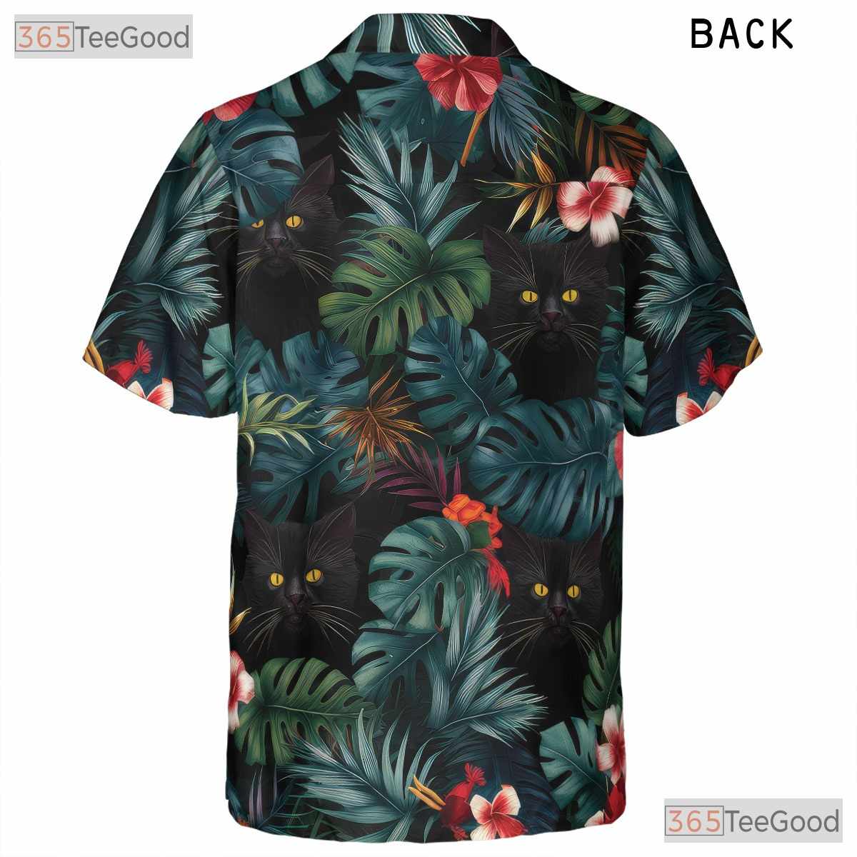 Blue Leaves Black Cat Hawaiian Tee - Tropical Jungle Aesthetic Unisex