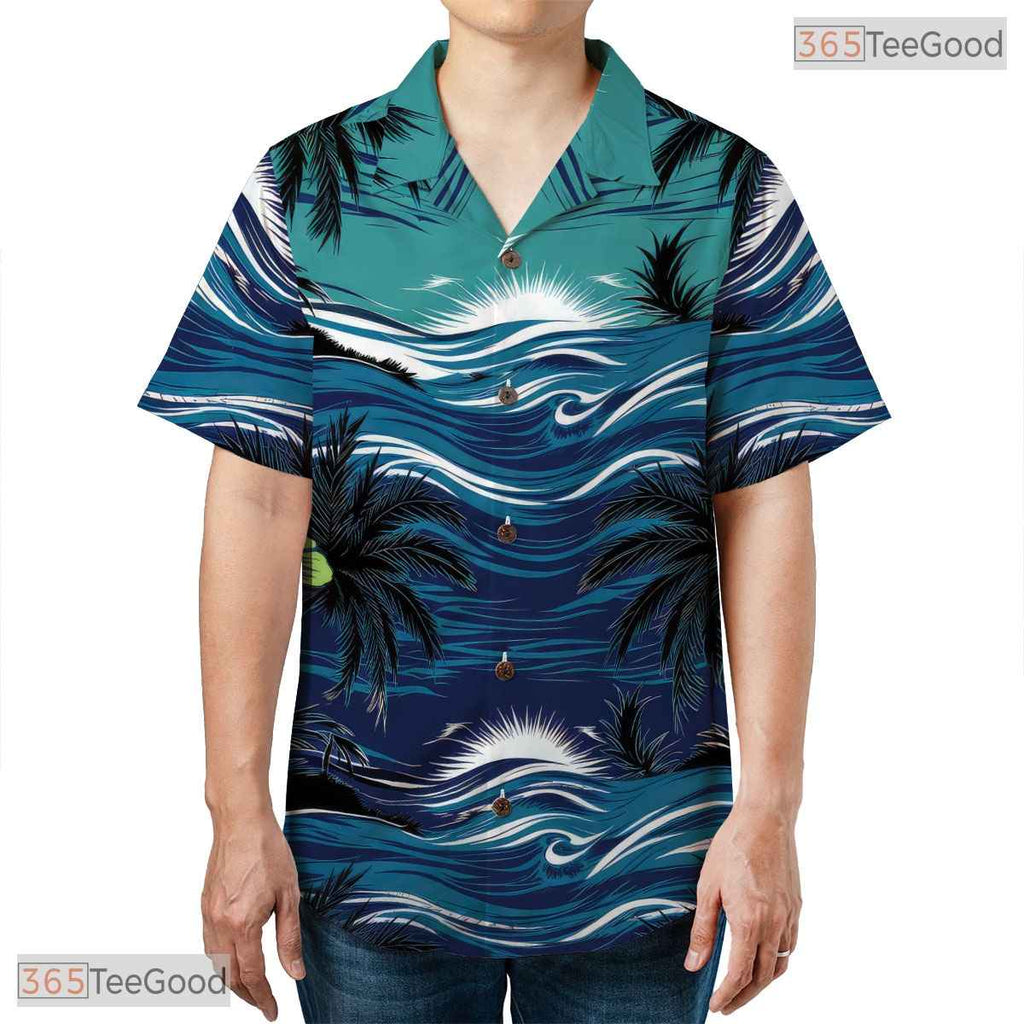 Black Blue Palm Hawaiian Shirt - Adult Tropical Vacation Tee