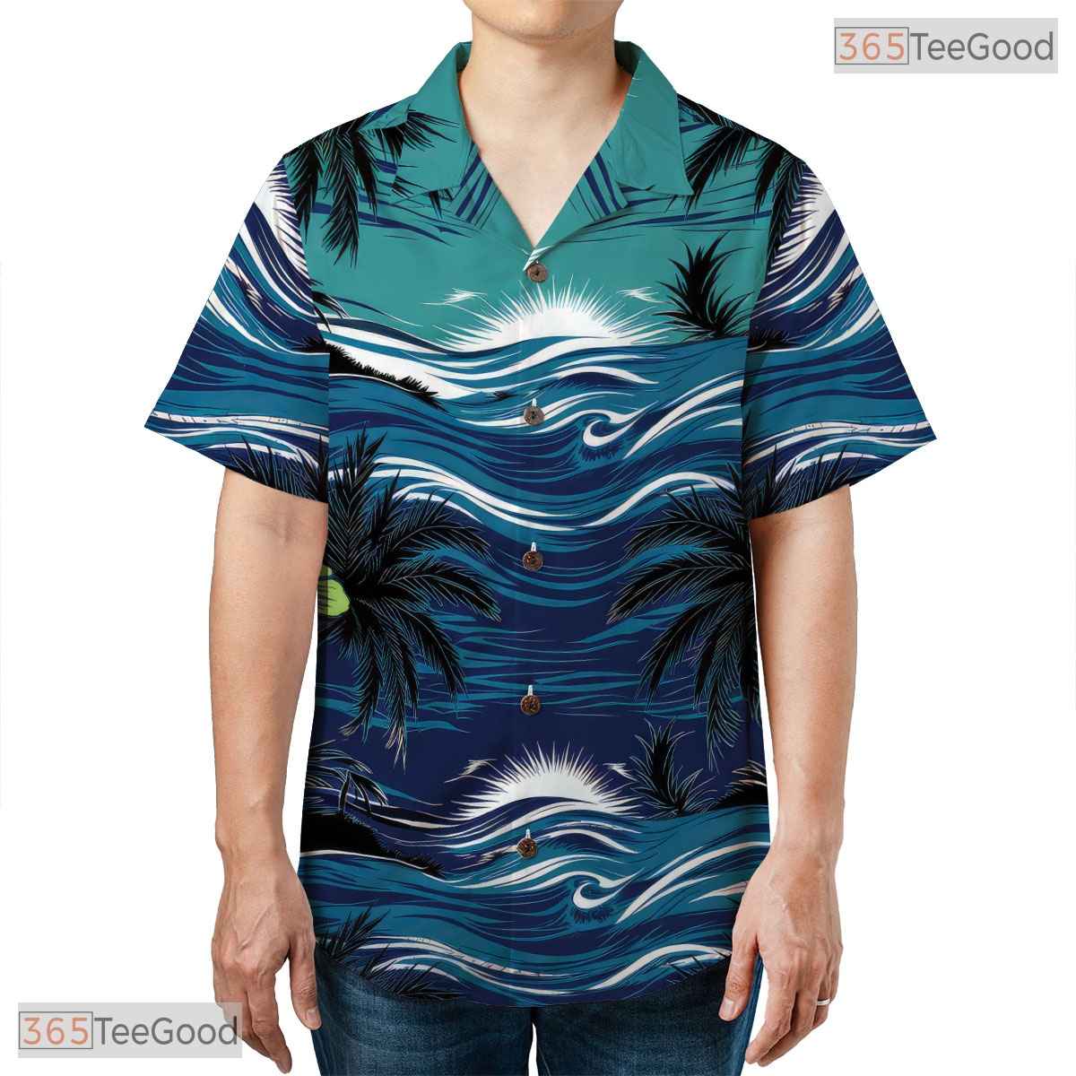 Black Blue Palm Hawaiian Shirt - Adult Tropical Vacation Tee
