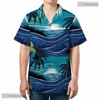 Tropical Palm Leaf Hawaiian Shirt - Black Blue Summer Beachwear