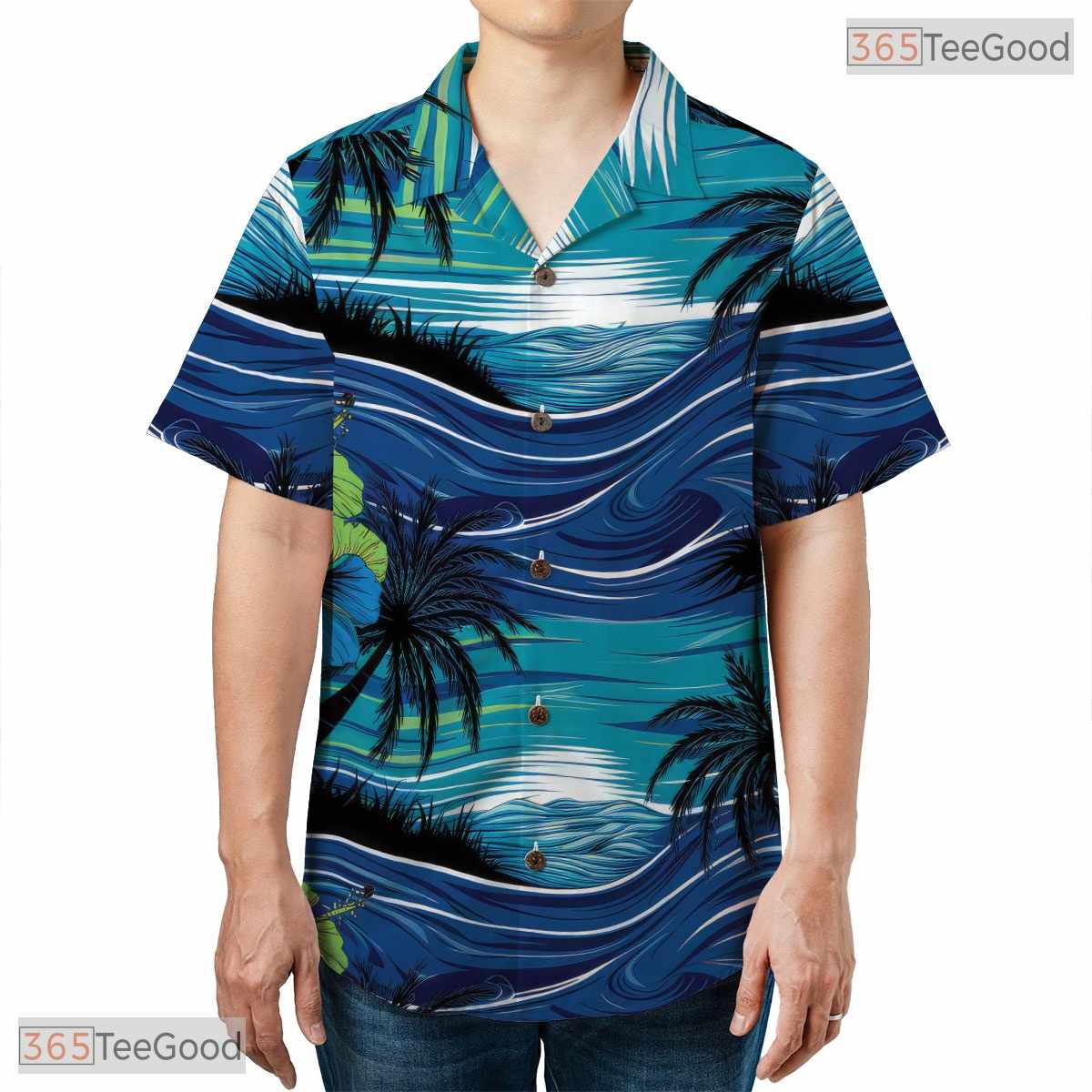 Tropical Palm Leaf Hawaiian Shirt - Black Blue Summer Beachwear