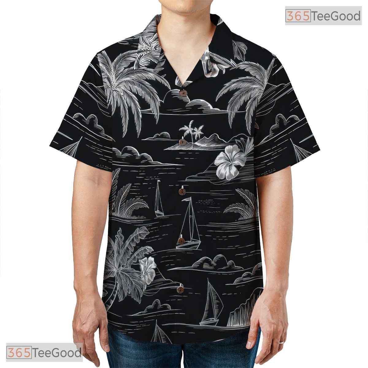 Teal Gold Leaf Print Hawaiian Shirt - Unisex Black Summer Beach Tee