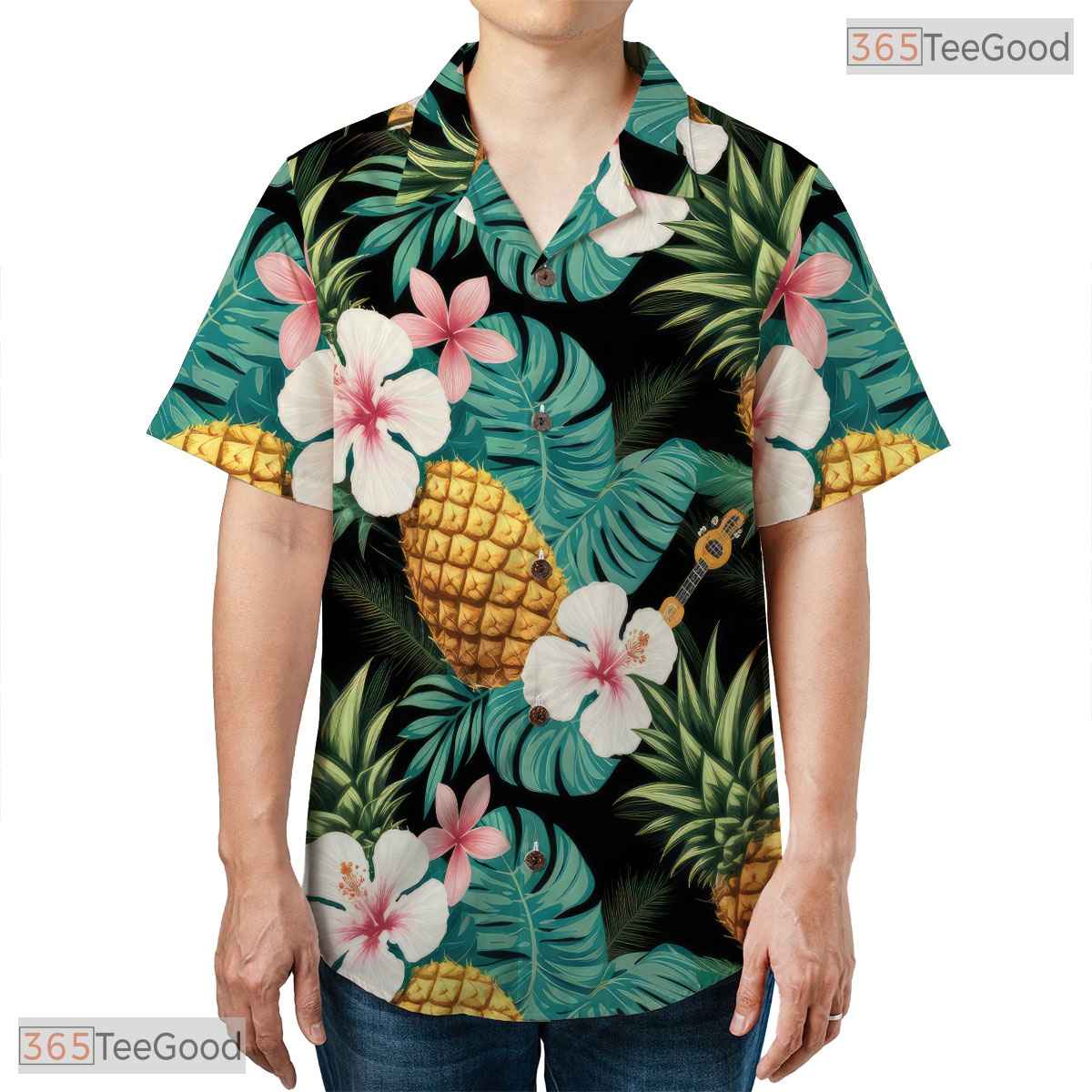 Teal Gold White Leaf Hawaiian Shirt - Adult Tropical Beach Outfit