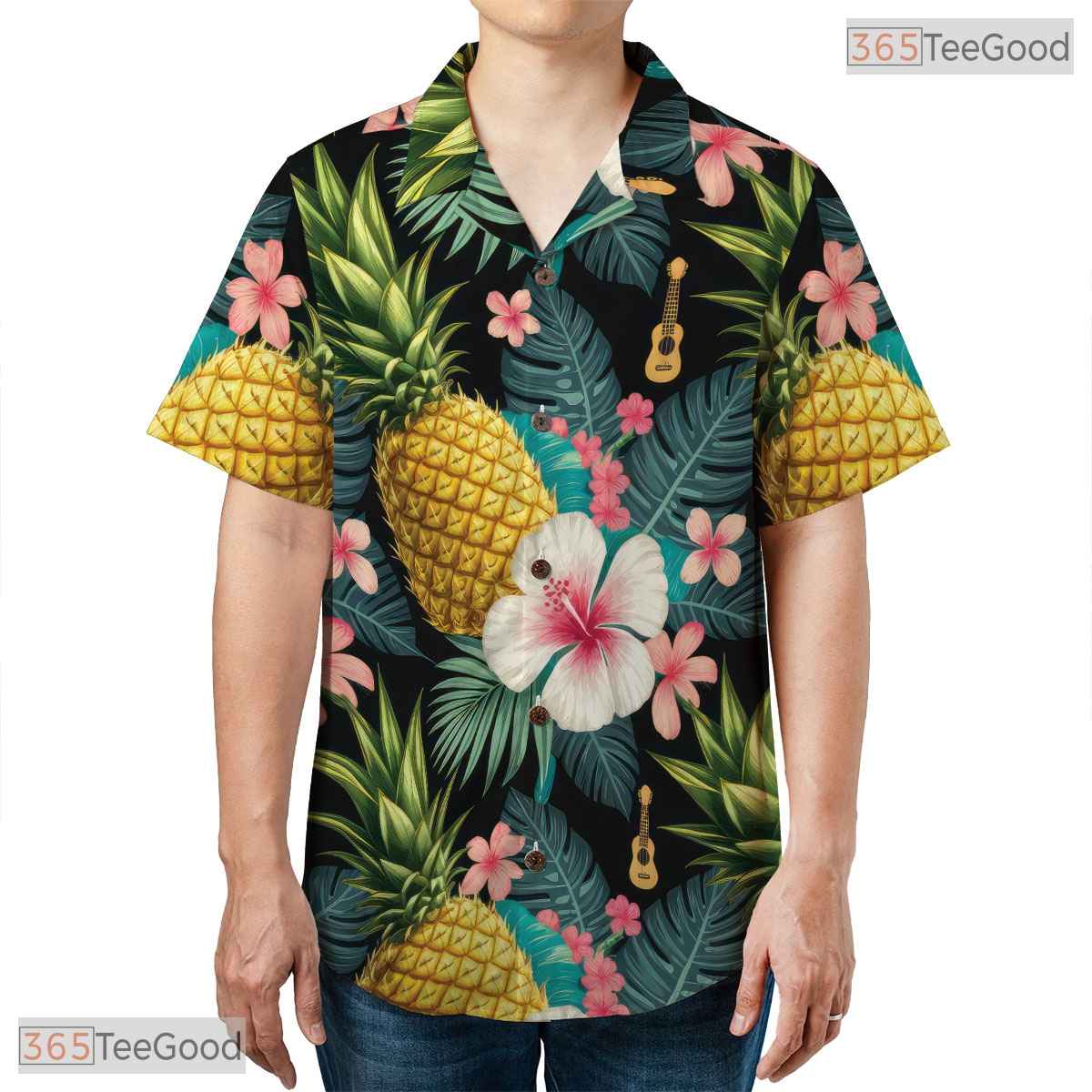 Teal Gold Tropical Leaf Hawaiian Shirt - Men's Aloha Beach Party Tee