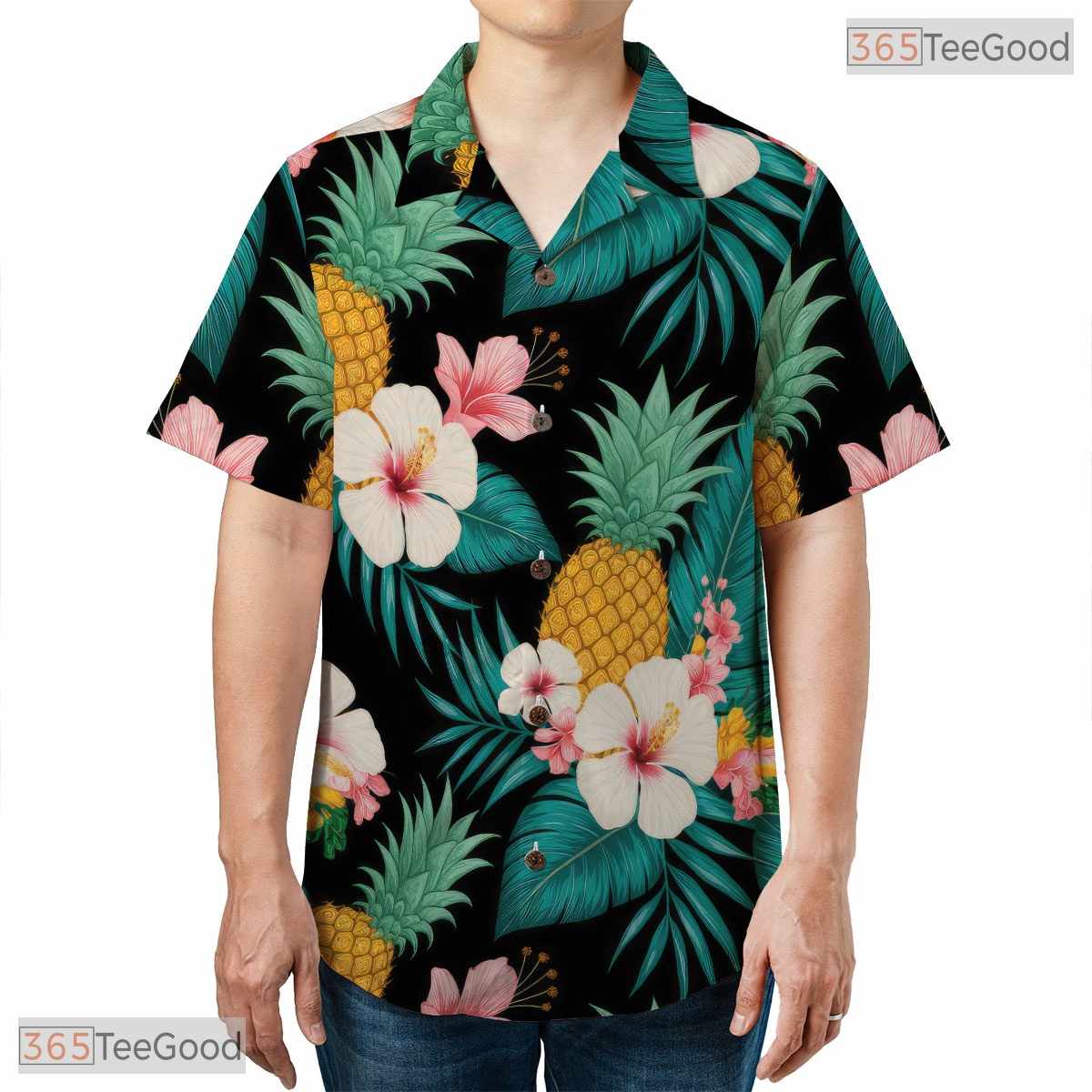 Tropical Teal Gold White Leaf Hawaiian Shirt - Women's Vacation Tee