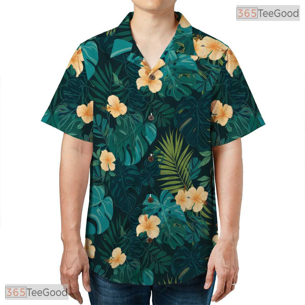 Black Blue Tropical Hibiscus Hawaiian Shirt - Adult Vacation Tee