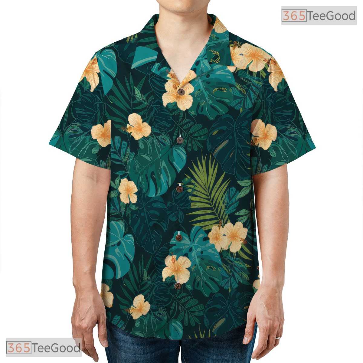Black Blue Tropical Hibiscus Hawaiian Shirt - Adult Vacation Tee