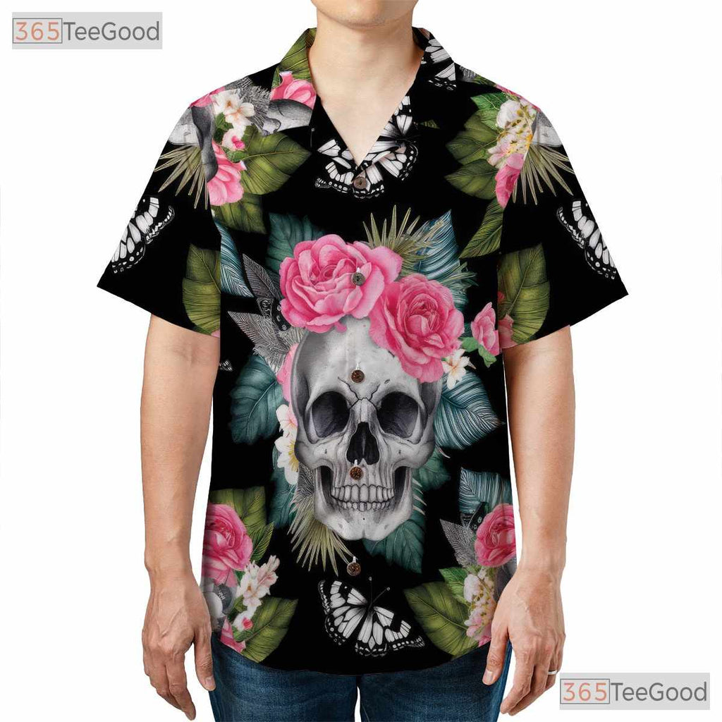 Skull and Butterfly Hawaiian Shirt - Edgy Aloha Shirt for Men