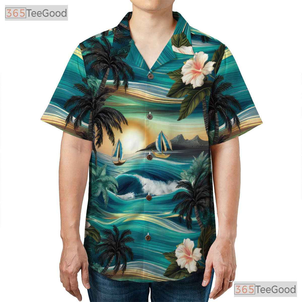 Ocean Palm Sunset Hawaiian Shirt - Men's Beach Aloha Outfit