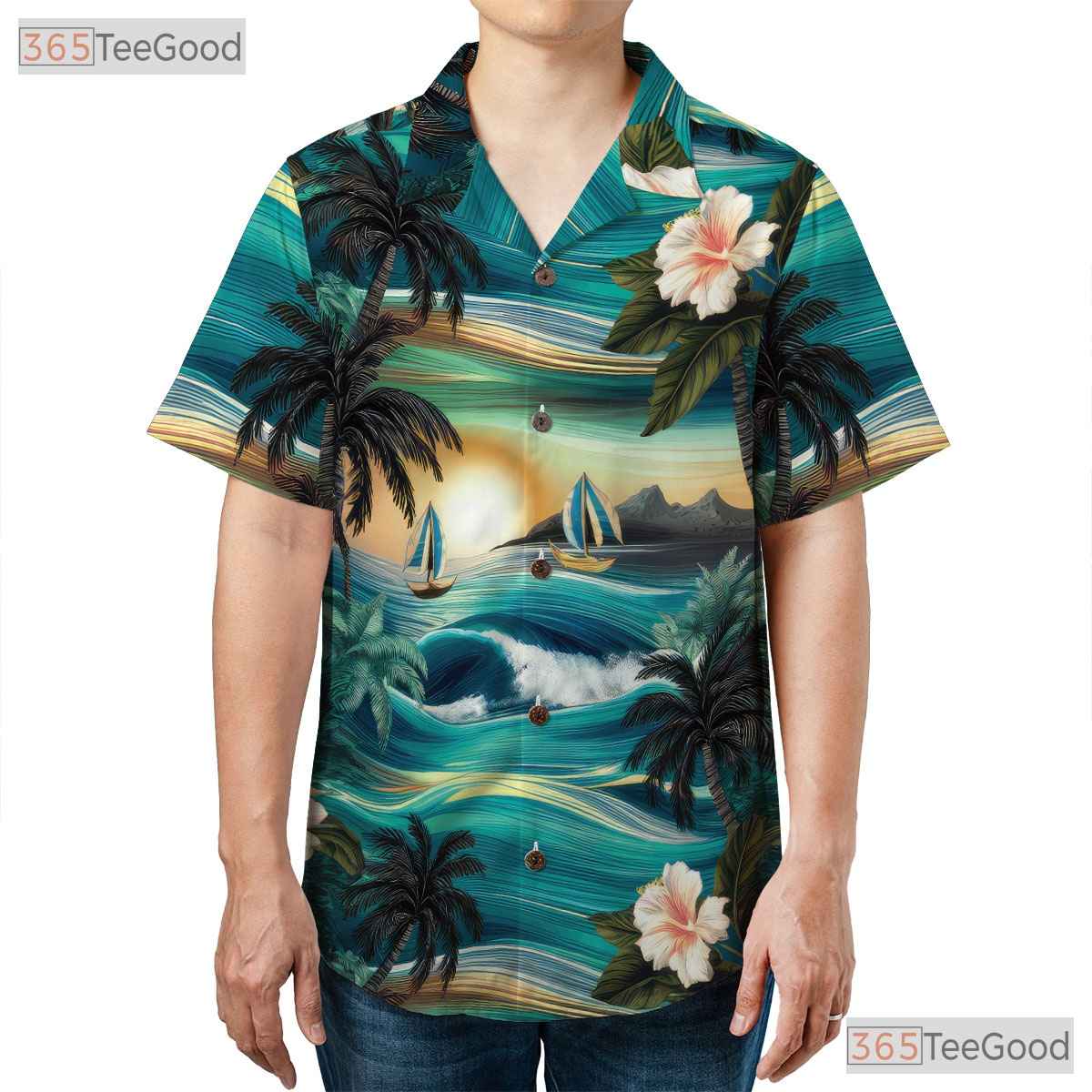 Ocean Palm Sunset Hawaiian Shirt - Men's Beach Aloha Outfit