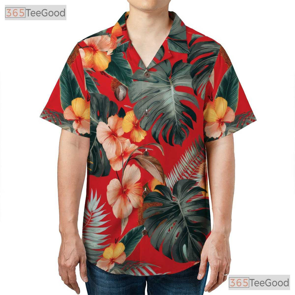 Red Tropical Leaf Hawaiian Shirt - Women's Summer Aloha Outfit
