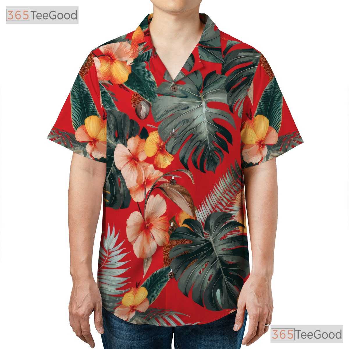 Red Tropical Leaf Hawaiian Shirt - Women's Summer Aloha Outfit