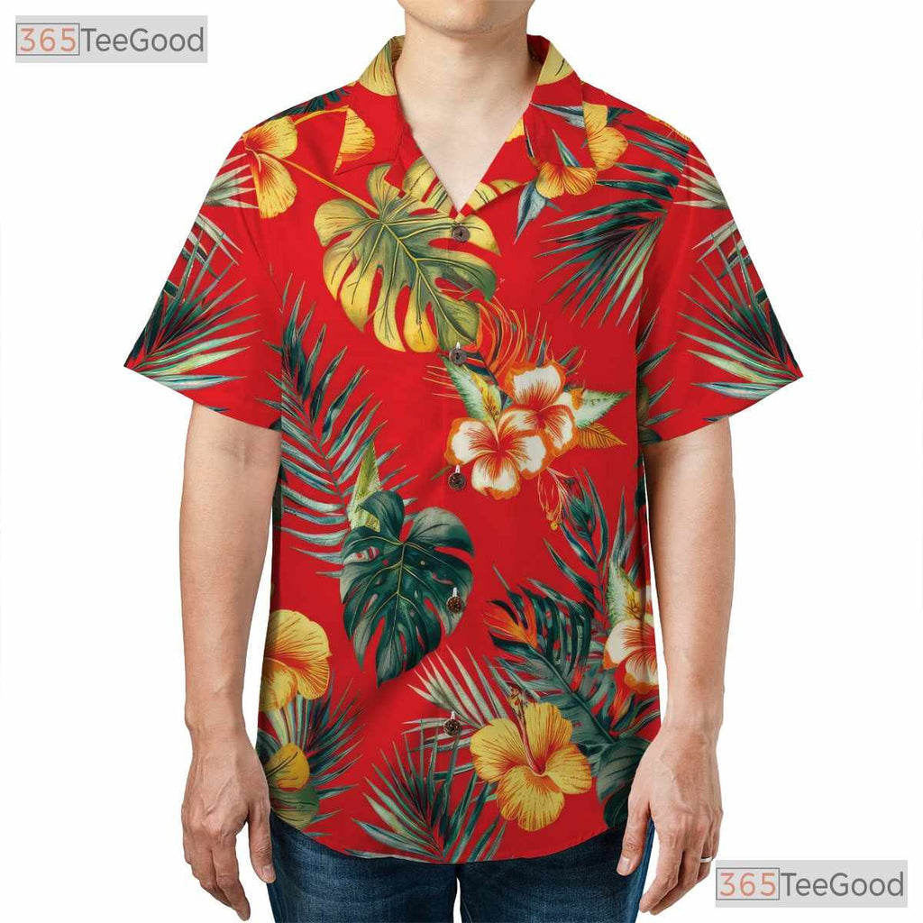 Tropical Red Floral Hawaiian Shirt - Vibrant Adult Beach Tee