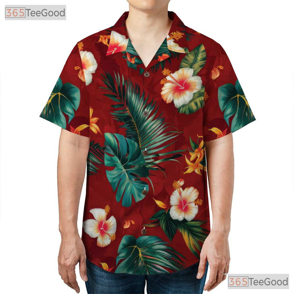 Red Flower Palm Hawaiian Shirt - Unisex Casual Vacation Tee