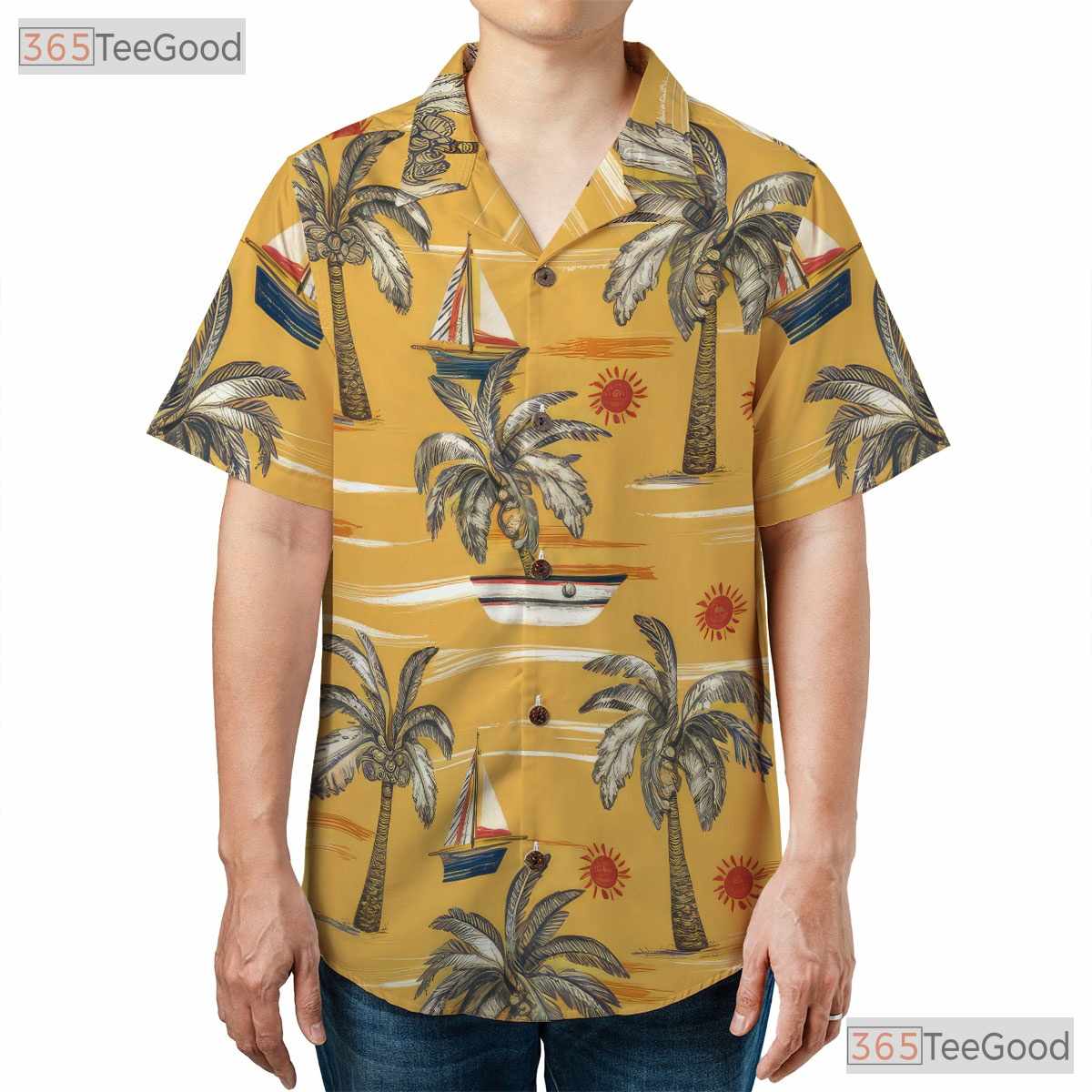 Sailboat and Palm Tree Hawaiian Shirt - Adult Aloha Beach Tee