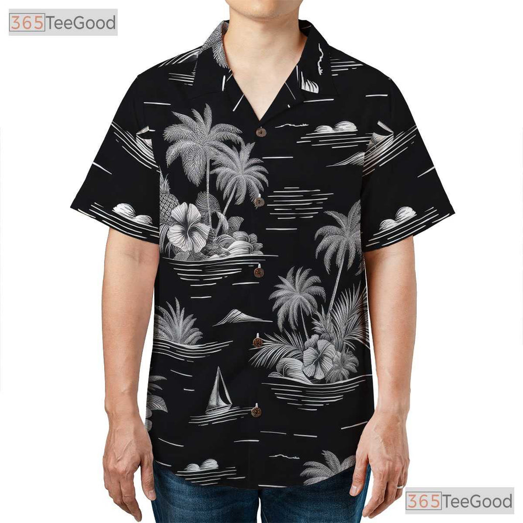 Black & White Tropical Hawaiian Shirt - Vintage Adult Aloha Tee