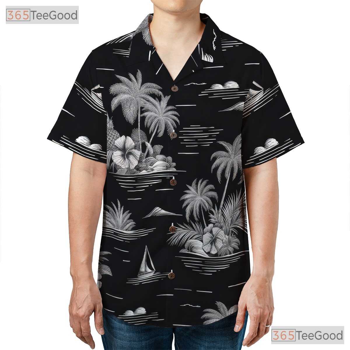 Black & White Tropical Hawaiian Shirt - Vintage Adult Aloha Tee