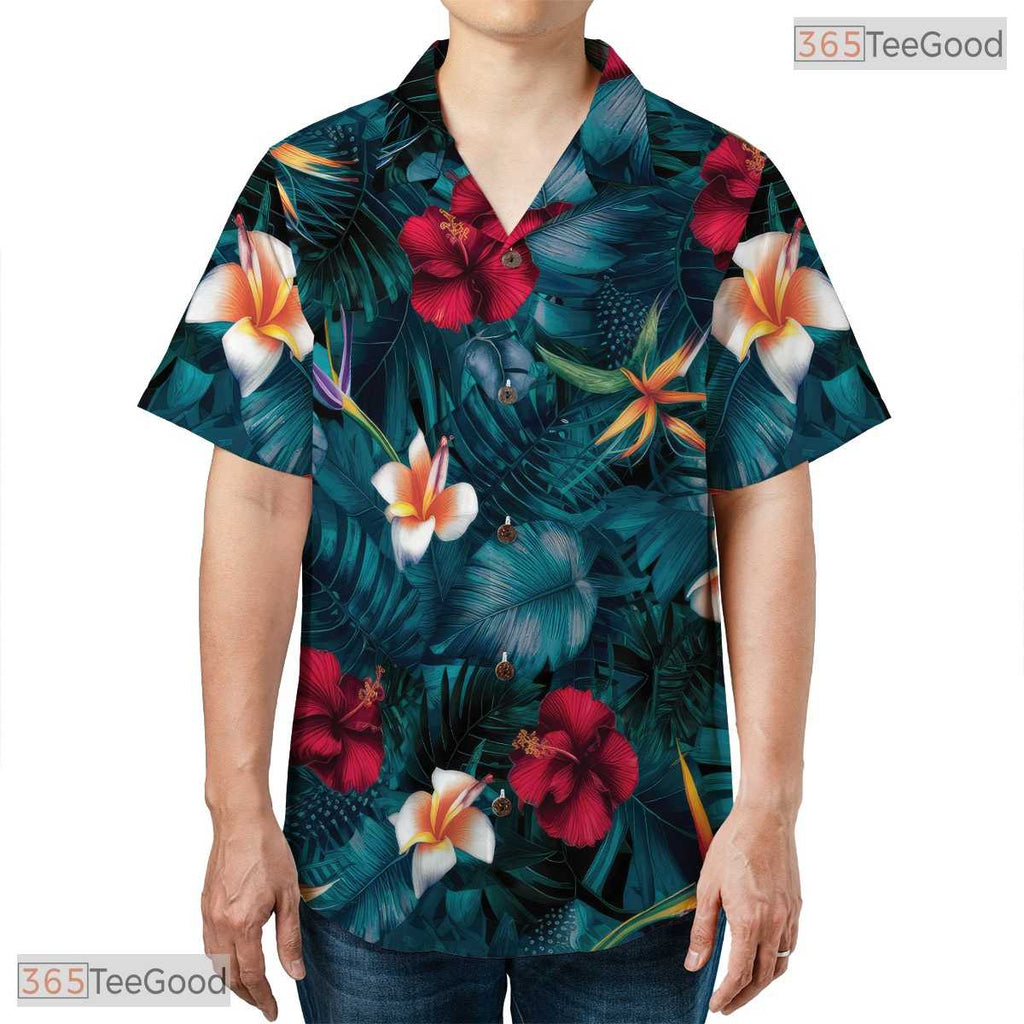 Classic Tropical Hibiscus Hawaiian Tee - Palm Leaves Aloha Design Men