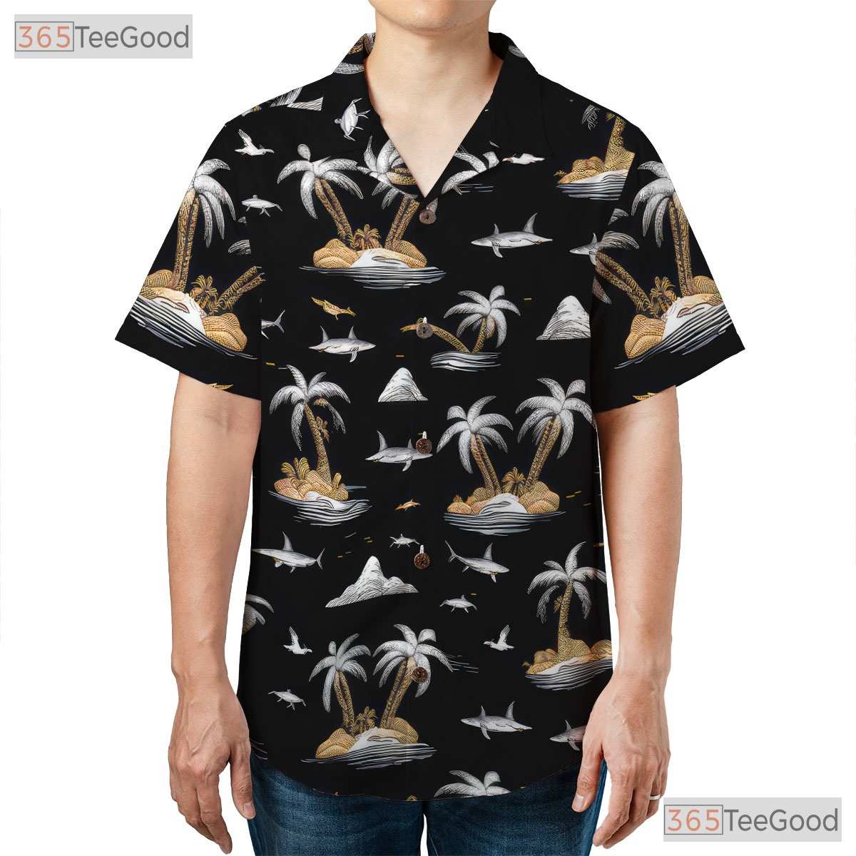 Shark and Island Hawaiian Shirt - Unique Adult Summer Aloha Tee