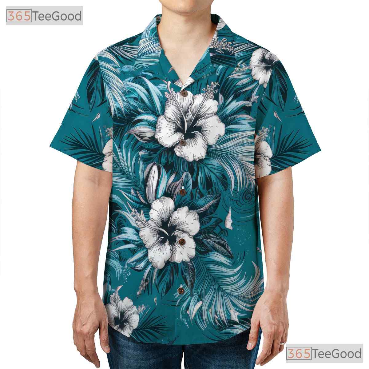 Turquoise Hibiscus Palm Hawaiian Shirt - Adult Vacation Aloha Tee