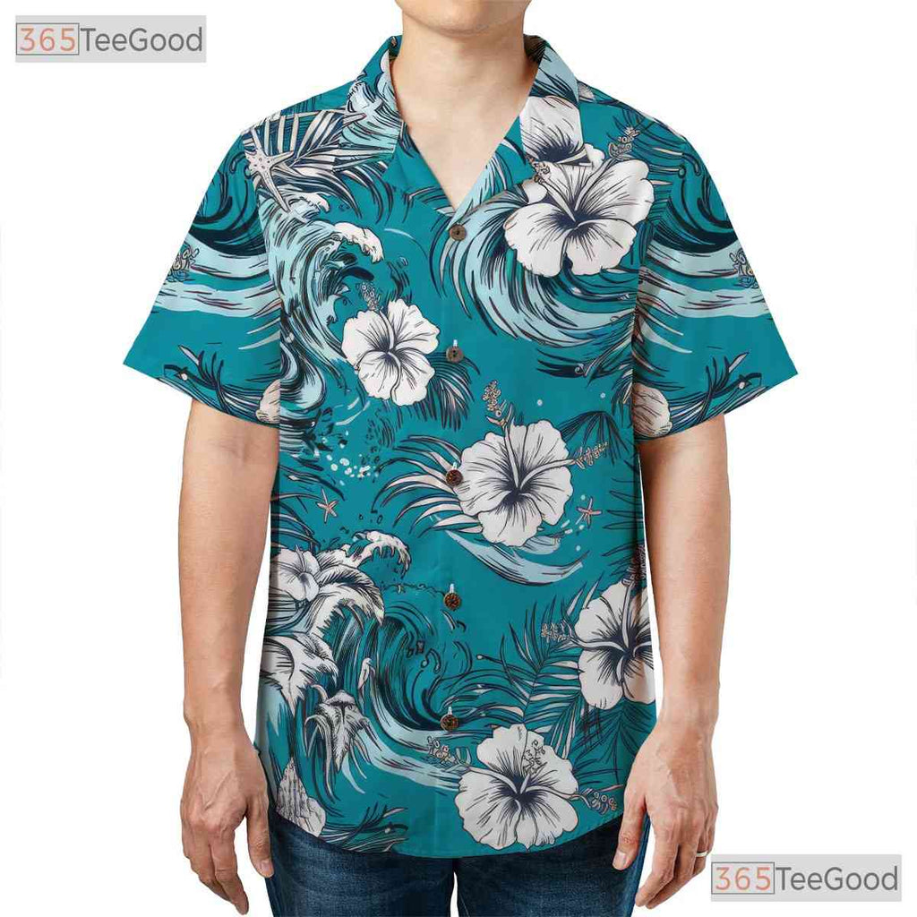 Hibiscus Leaf Print Hawaiian Shirt - Unisex Turquoise Aloha Tee