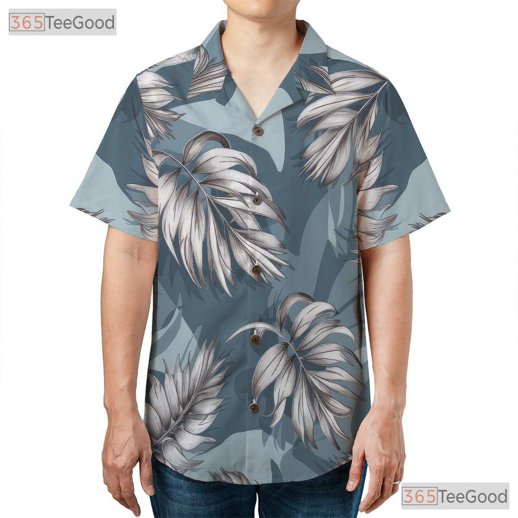 Blue Palm Leaf Print Hawaiian Shirt - Women's Tropical Vacation Tee