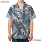 Blue Palm Leaf Print Hawaiian Shirt - Women's Tropical Vacation Tee