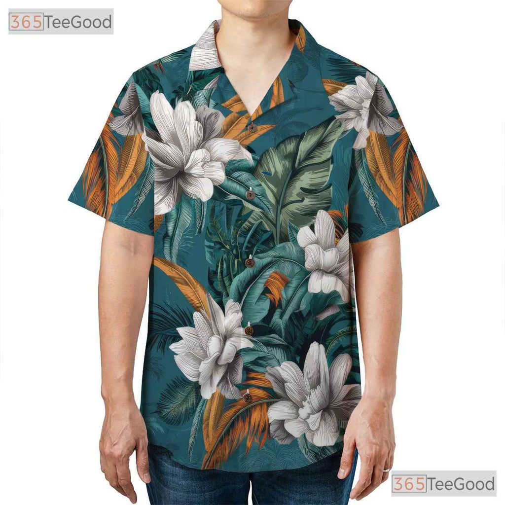 Teal Floral Print Hawaiian Shirt - Men's Summer Beach Party Tee