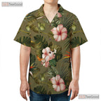 Olive Green Floral Hawaiian Shirt - Unisex Tropical Aloha Wear