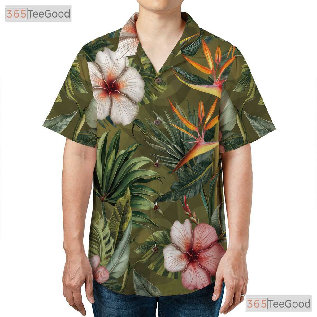 Olive Green Palm Hibiscus Hawaiian Shirt - Men's Beach Party Tee