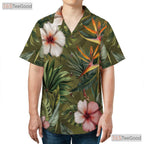 Olive Green Palm Hibiscus Hawaiian Shirt - Men's Beach Party Tee
