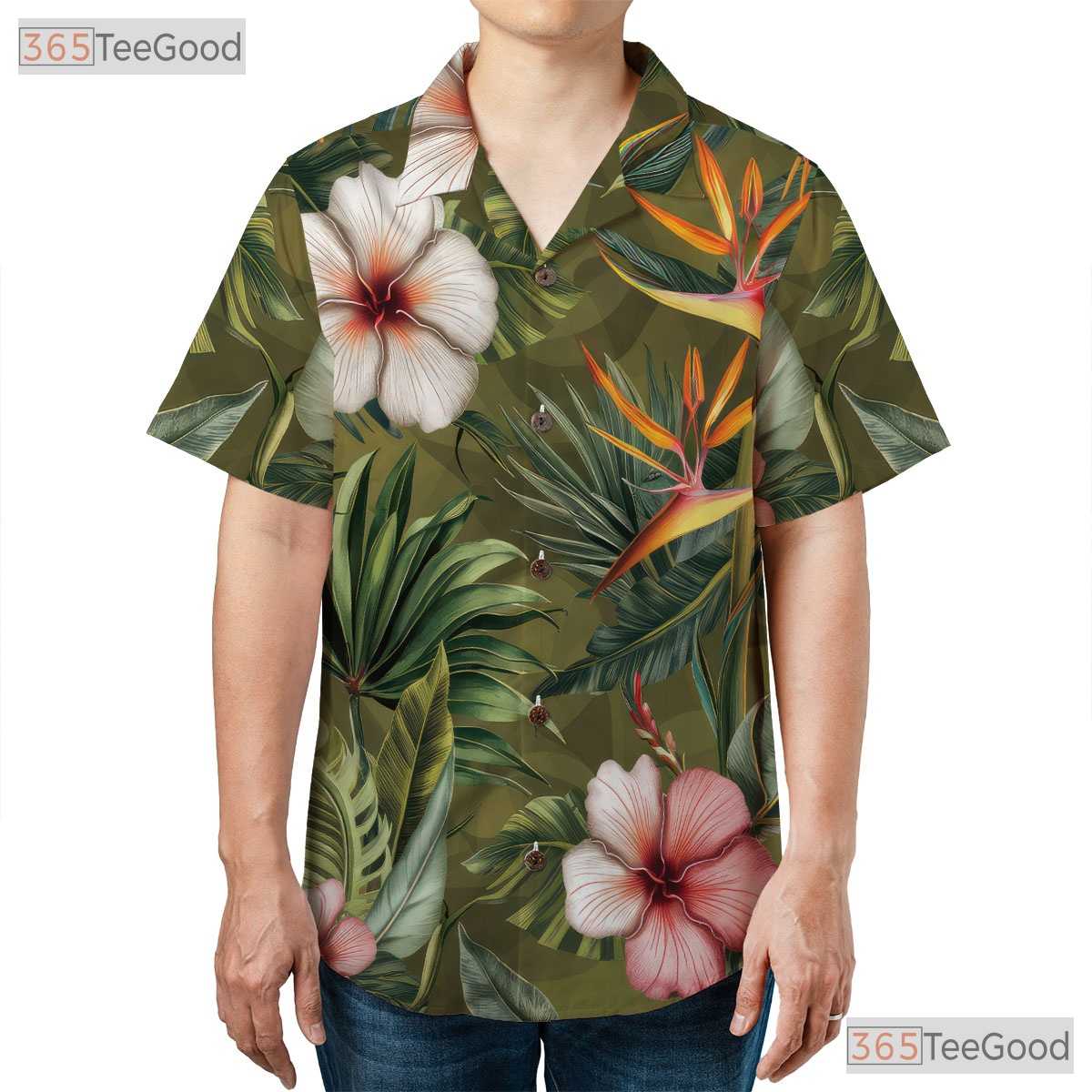 Olive Green Palm Hibiscus Hawaiian Shirt - Men's Beach Party Tee