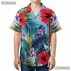 Red Hibiscus Blue Palm Hawaiian Shirt - Adult Tropical Beachwear