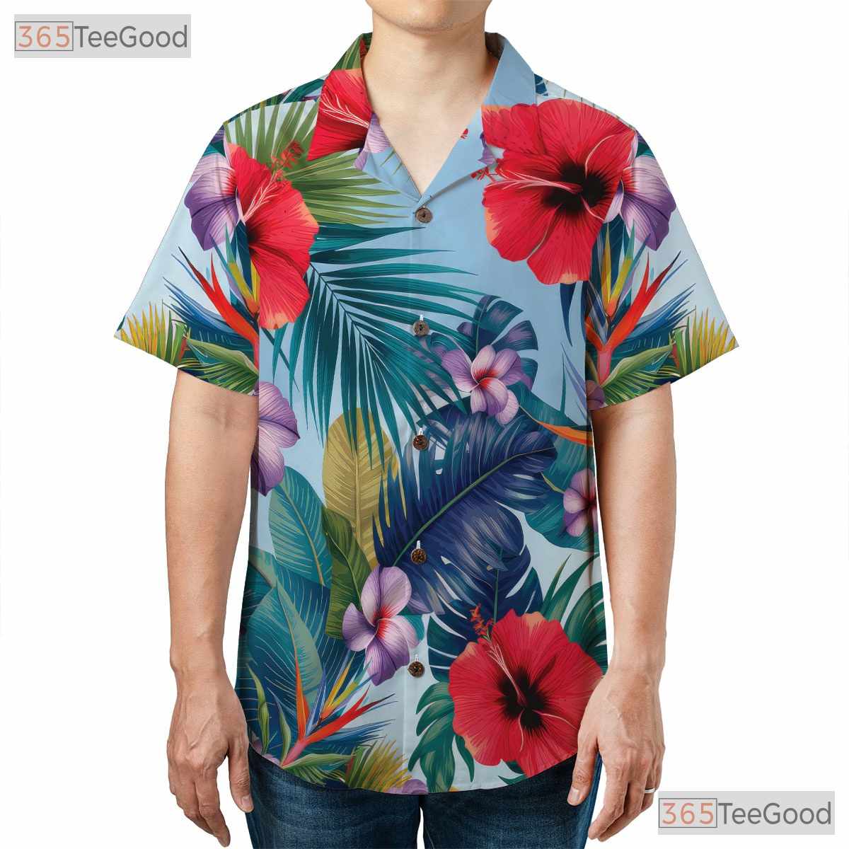Red Hibiscus Blue Palm Hawaiian Shirt - Adult Tropical Beachwear