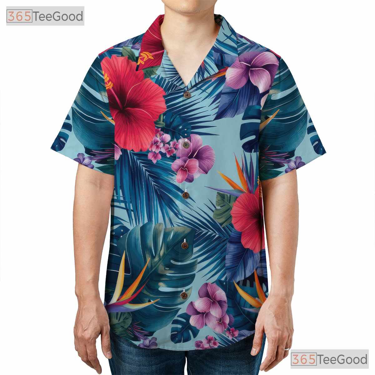 Red Hibiscus Blue Leaves Hawaiian Shirt - Adult Summer Aloha Tee