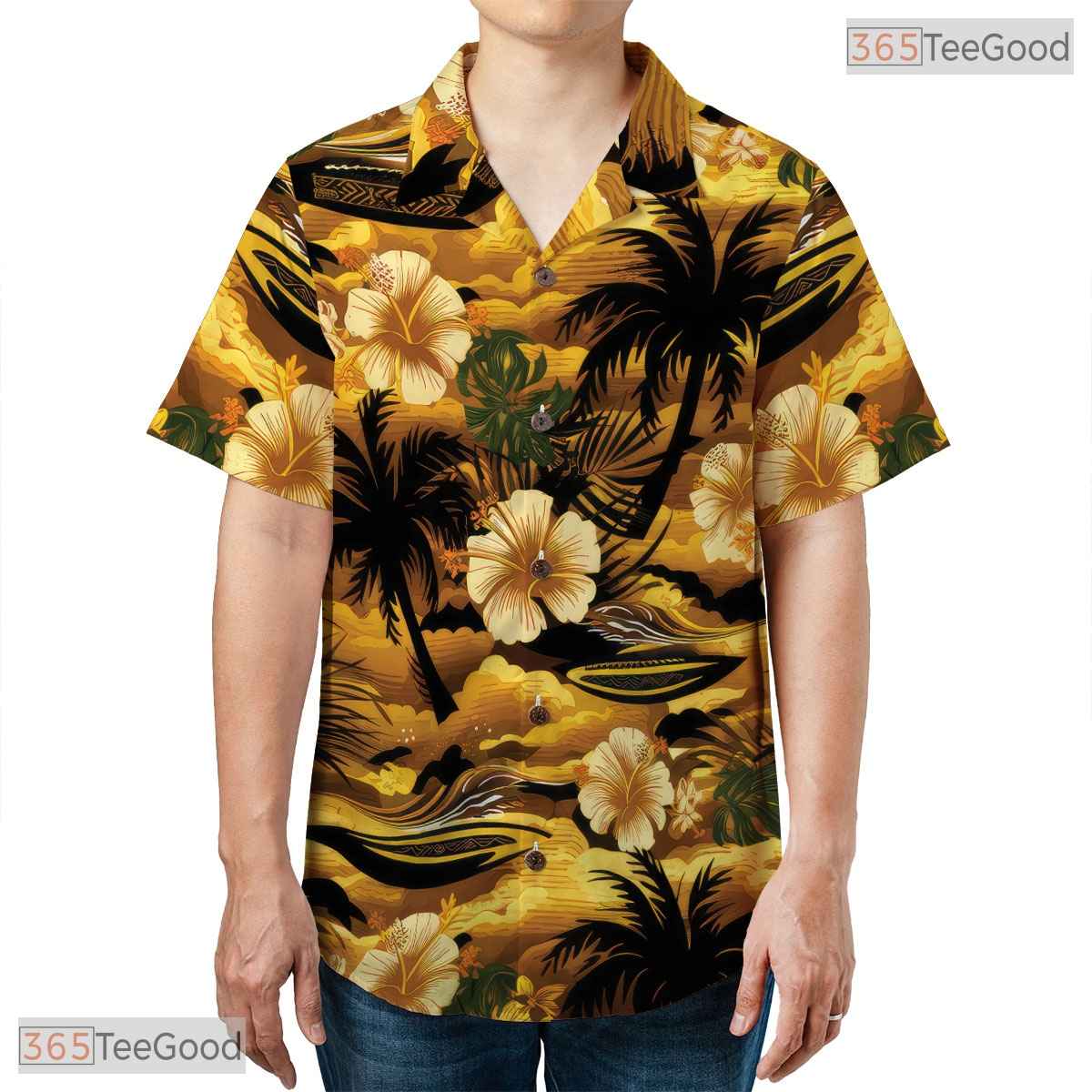 Tropical Red Sunset Hawaiian Tee - Palm Island Getaway Vacation Wear