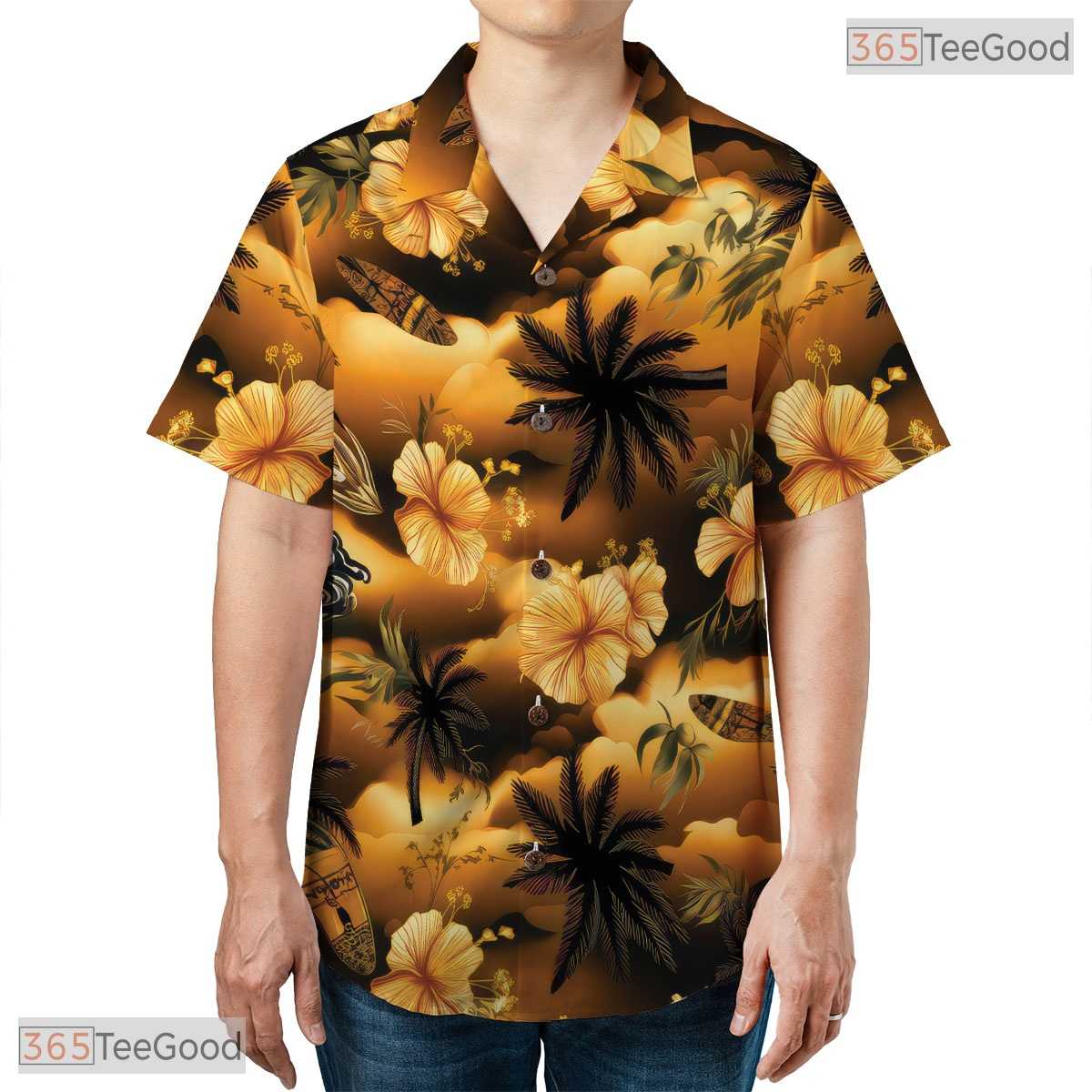 Sunset Red Palm Hawaiian Tee - Tropical Island Vacation Resort Adults