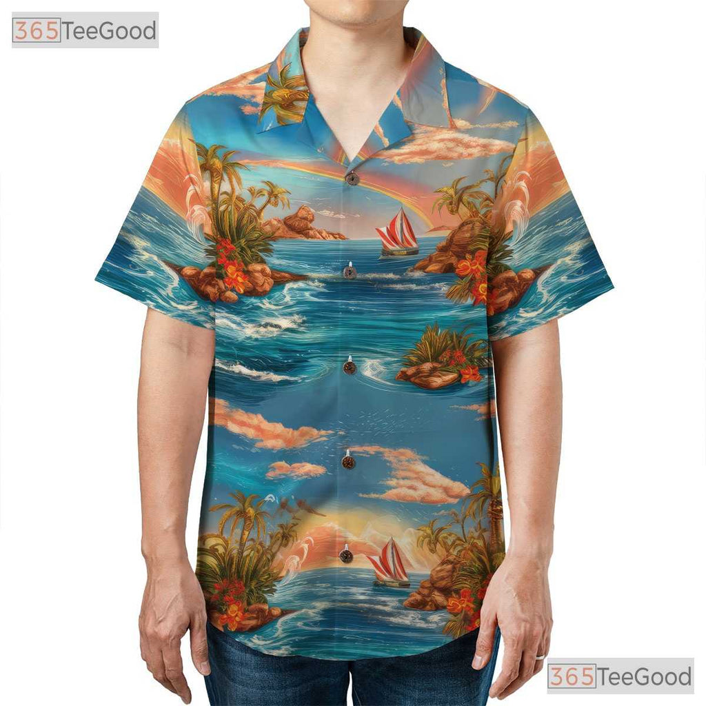 Blue Ocean Paradise Hawaiian Tee - Palm Trees Sunset Vacation Women