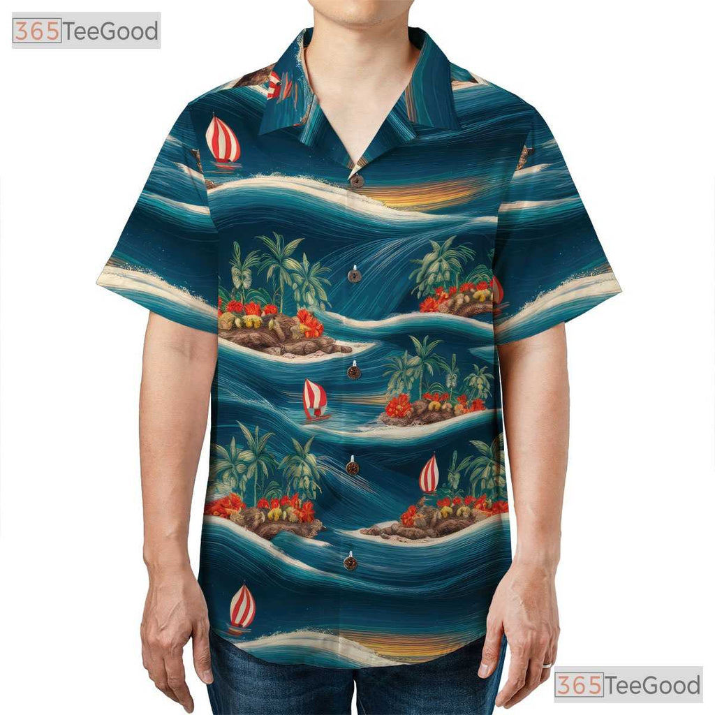 Blue Sunset Ocean Hawaiian Shirt - Tropical Beach Palm Tree Unisex