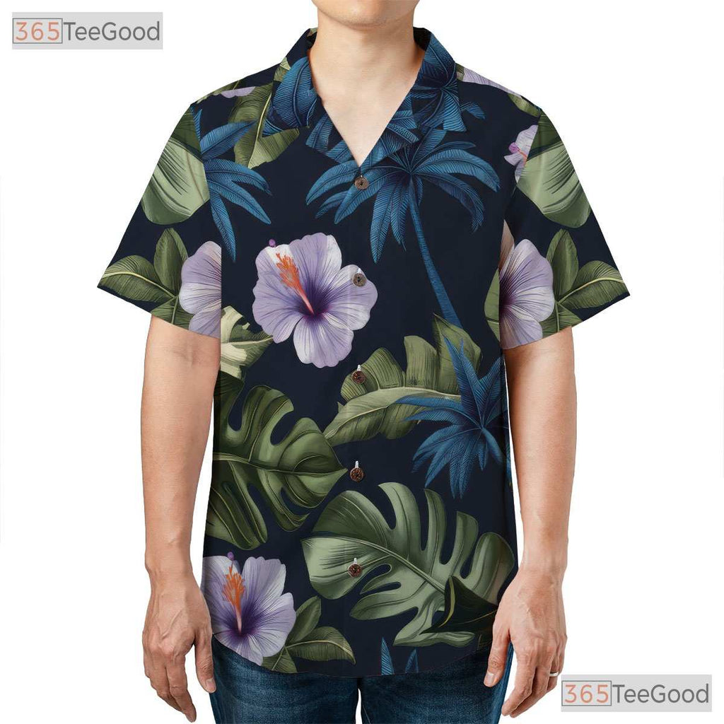 Tropical Palm Hibiscus Hawaiian Tee - Navy Blue Island Aloha Adults