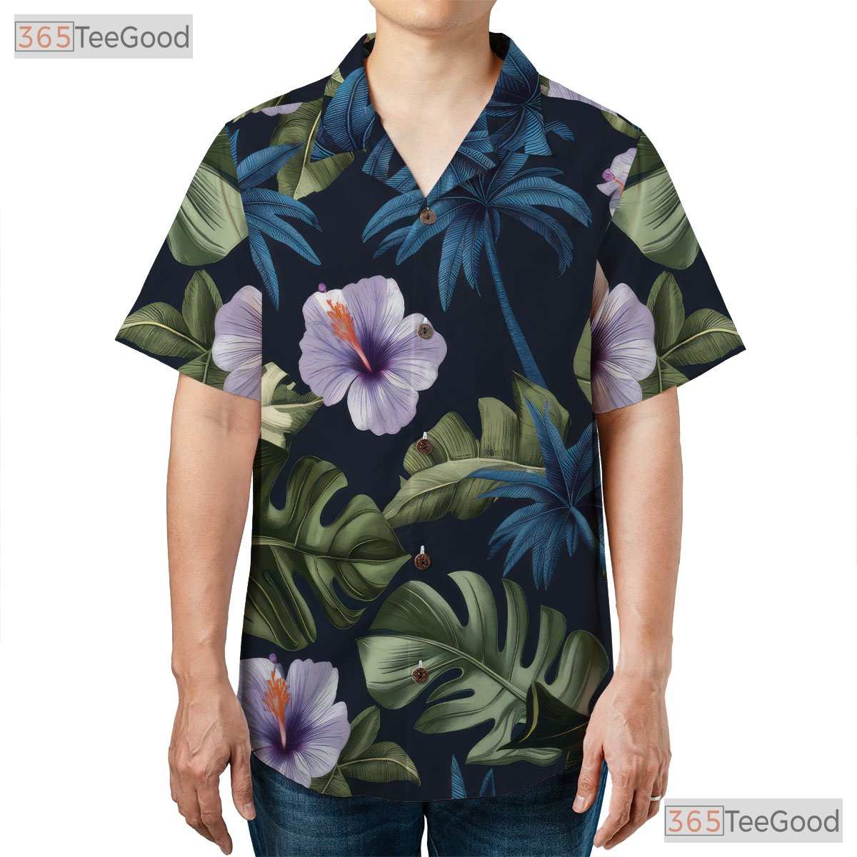 Tropical Palm Hibiscus Hawaiian Tee - Navy Blue Island Aloha Adults