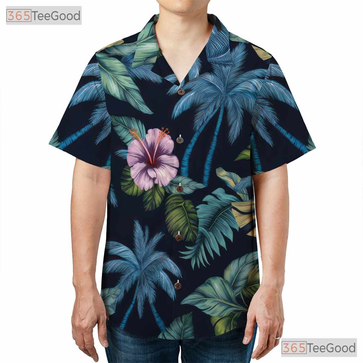 Navy Hawaiian Shirt - Palm Hibiscus Tropical Beachwear for Men & Women