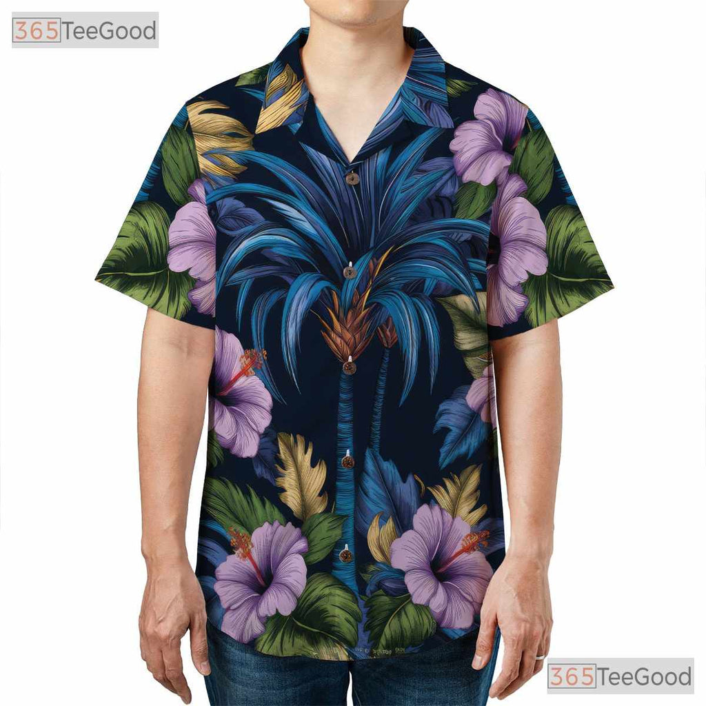 Floral Navy Blue Hawaiian Tee - Tropical Aloha Palm Hibiscus Women