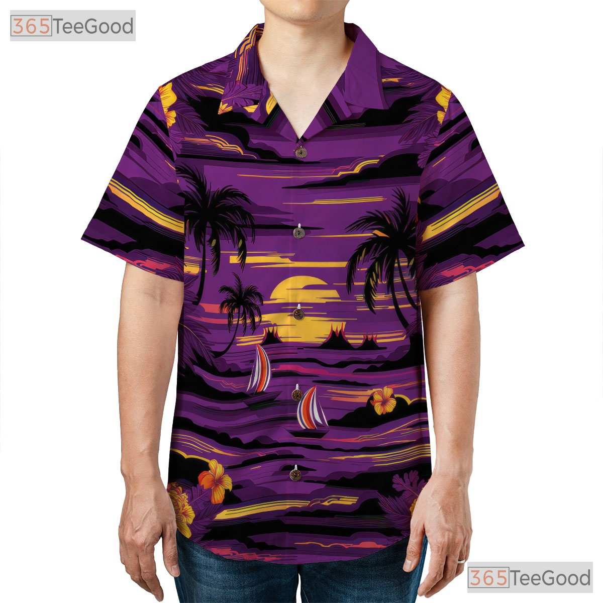 Purple Sunset Tropical Hawaiian Tee - Beach Sailboat Island Unisex
