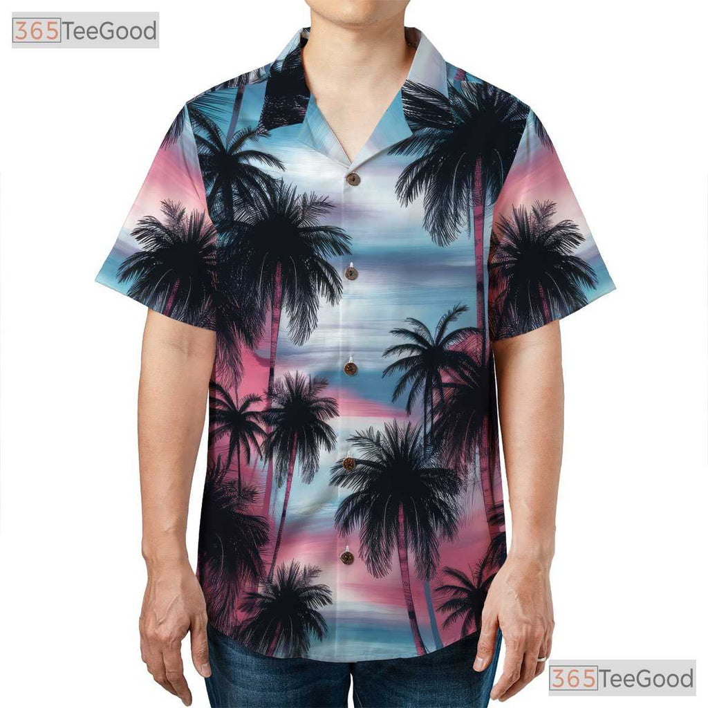 Sunset Palm Hawaiian Tee - Vibrant Tropical Sky & Island Beachwear Adults