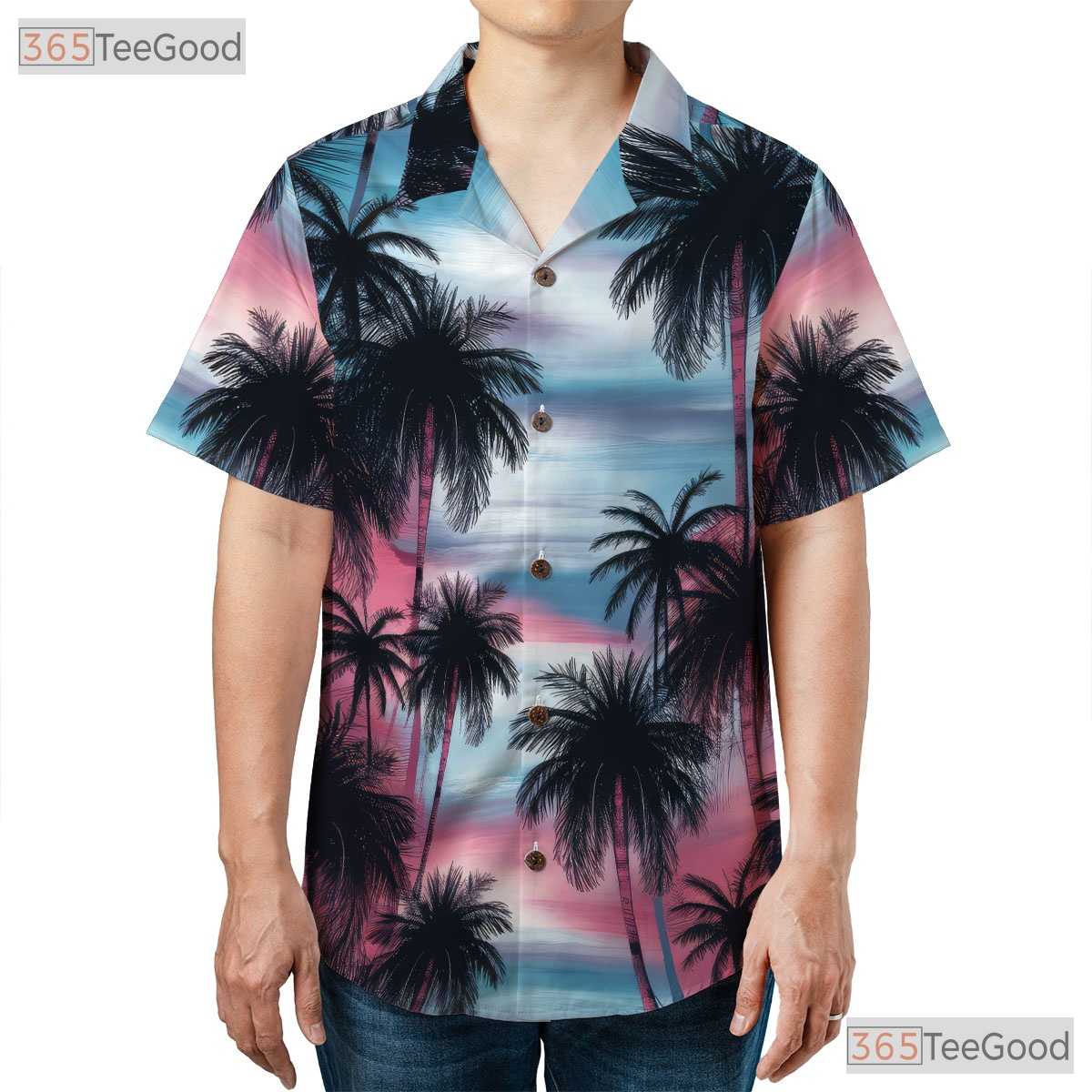 Sunset Palm Hawaiian Tee - Vibrant Tropical Sky & Island Beachwear Adults