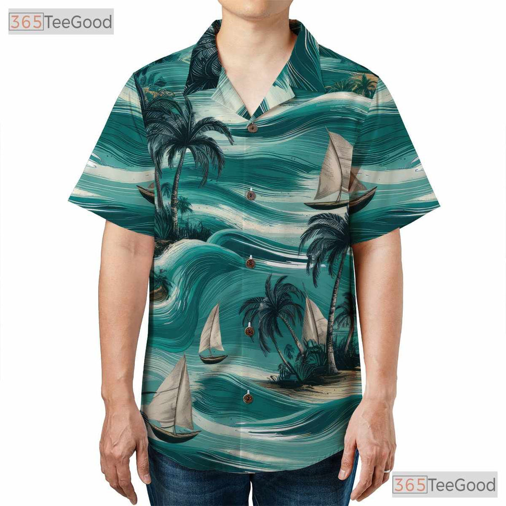 Retro Hawaiian Tee - Sailboats Palm Trees & Ocean Breeze Design Unisex